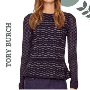 Tory Burch Textured Wool Blend Knit Long Sleeve Sweater Metallic Thread – Small